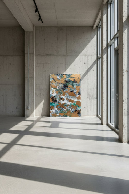 Abstract painting on a wall in a modern concrete room with large windows.
