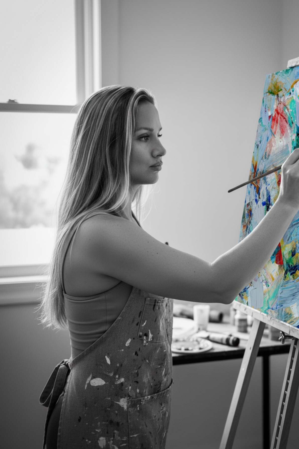 Woman painting a colorful abstract artwork in an artist's studio.