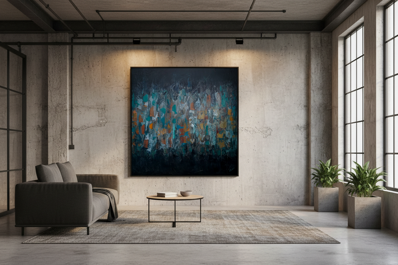 Abstract painting with a dark background and multicolored brush strokes