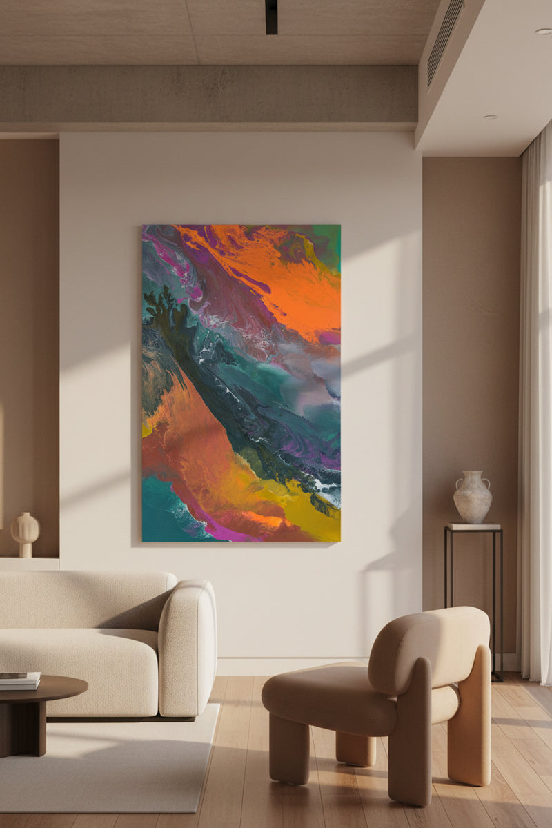 Abstract artwork with swirling colors in shades of orange, purple, blue, and green.