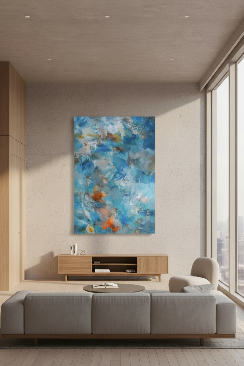 Abstract art with blue, orange, and white colors, 