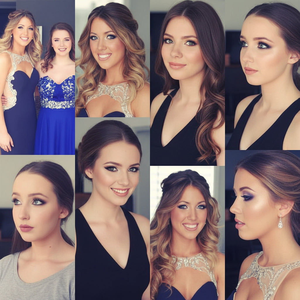 Collage of a woman in various outfits and settings