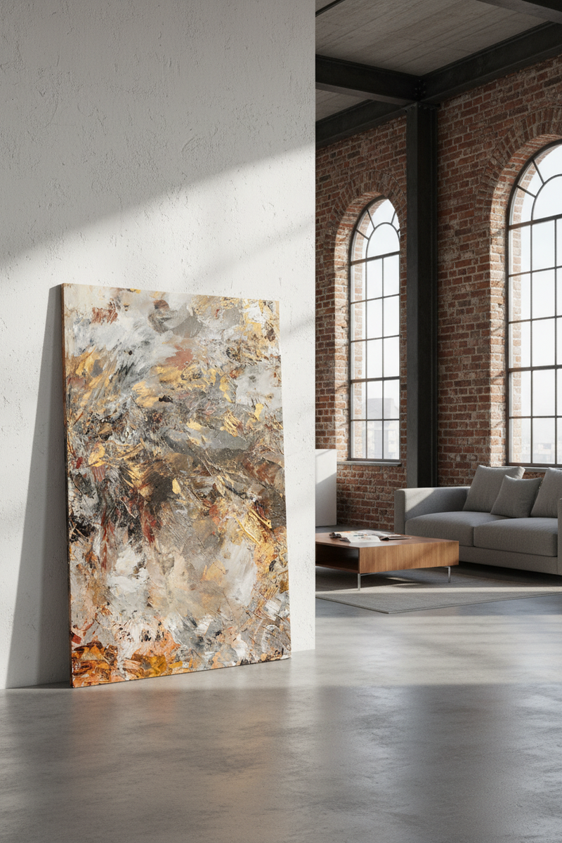 Abstract painting with a mix of brown, gray, and orange hues