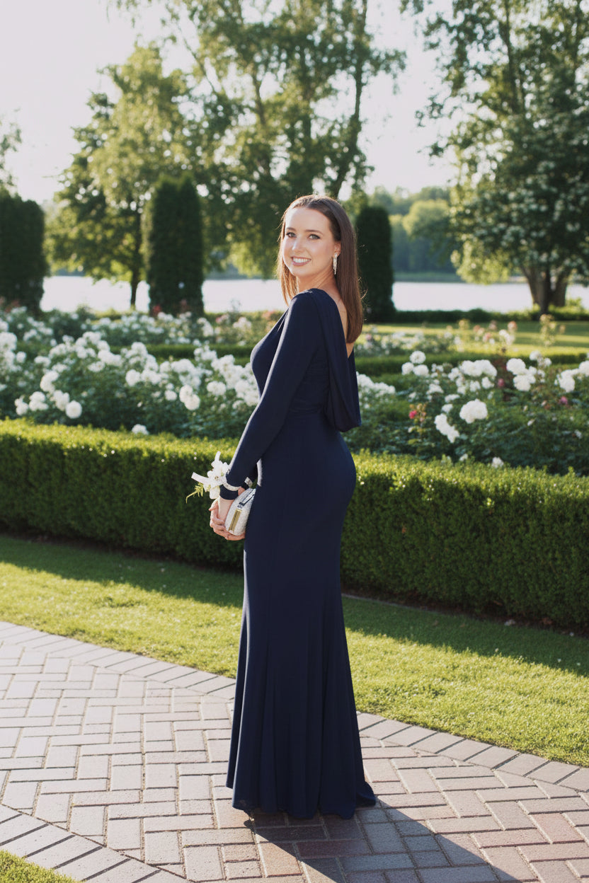 Woman in a navy blue dress standing on a paved path with greenery in the background